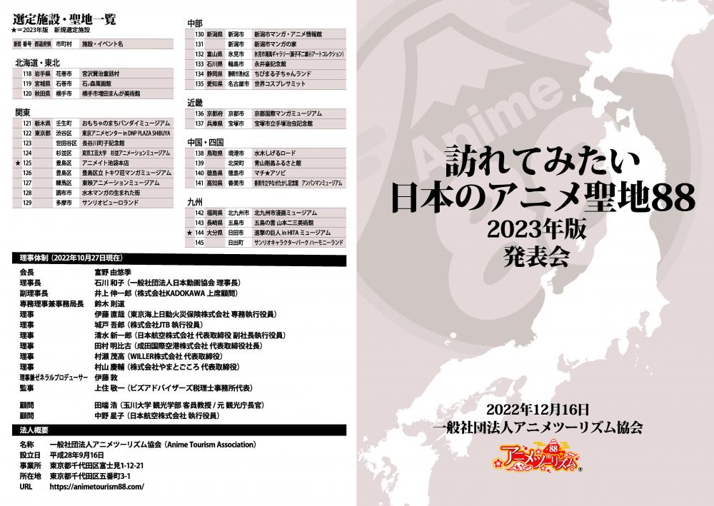  『訪れてみたい日本のアニメ聖地88』2023年版が発表となりました。